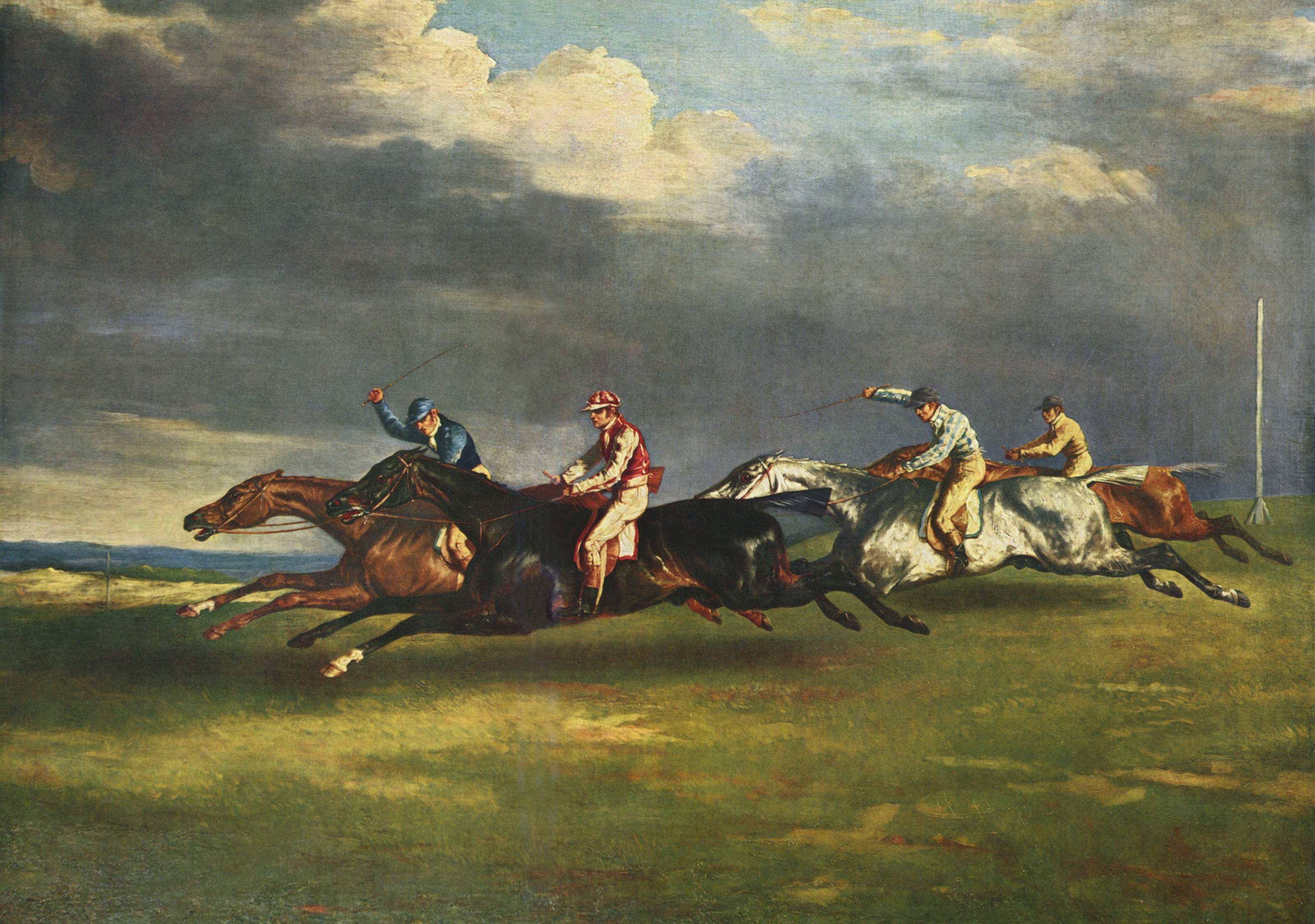 Racehorses galloping across a field in The Epsom Derby by Théodore Géricault